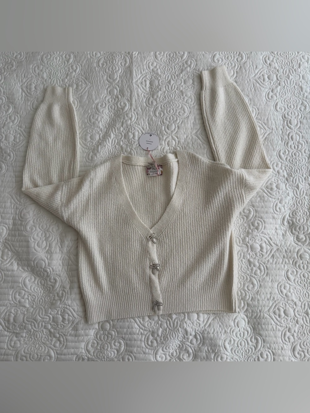 Pink Republic Winter White Ribbed Cardigan with Rhinestone Bows - NWT Size S